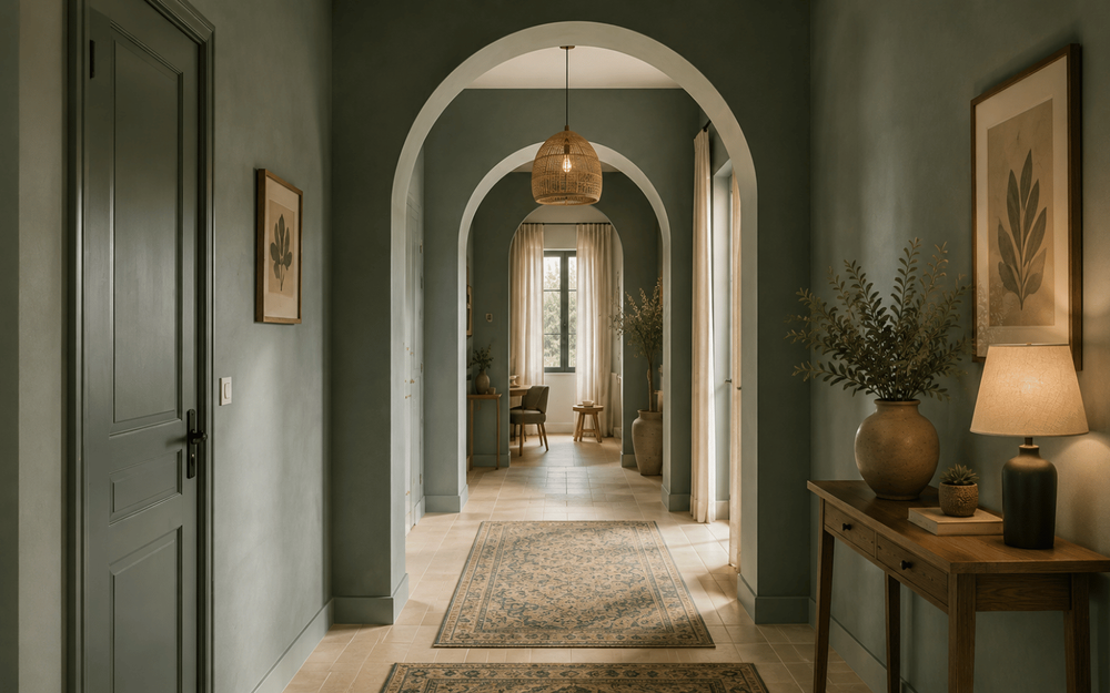 Couloir de maison rénovée rythmé par plusieurs arches créant une perspective élégante et lumineuse.