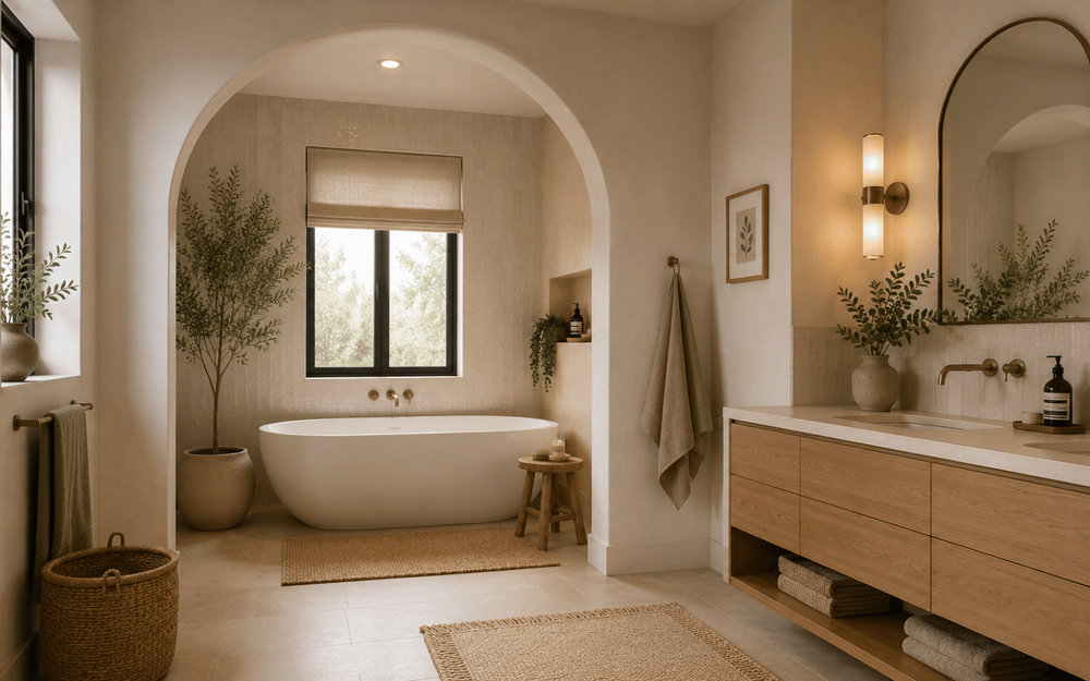 Salle de bains esprit spa avec arche décorative, baignoire îlot et matériaux naturels.