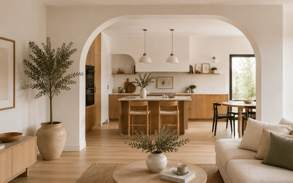 Arche entre une cuisine ouverte en bois clair et un salon contemporain lumineux dans une maison rénovée.