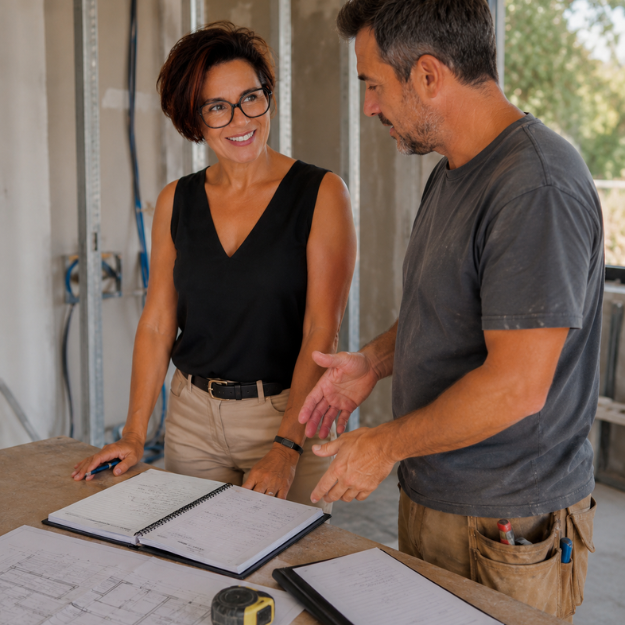 Sylvette Vergnac, courtière en travaux, prépare un projet de rénovation avec un artisan sur un chantier.
