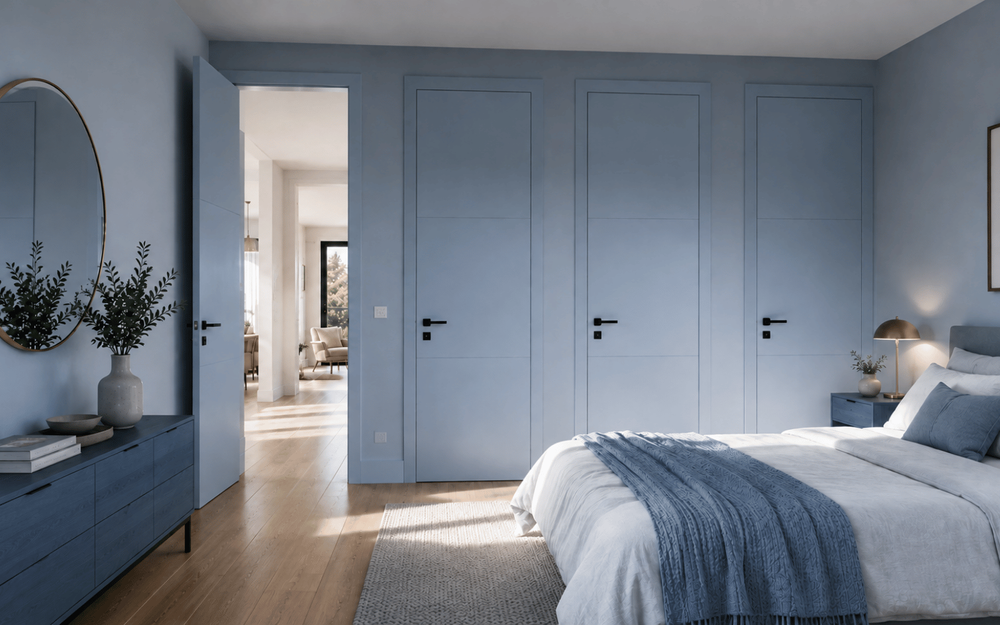 Portes toute hauteur dans une chambre contemporaine donnant une impression de hauteur.