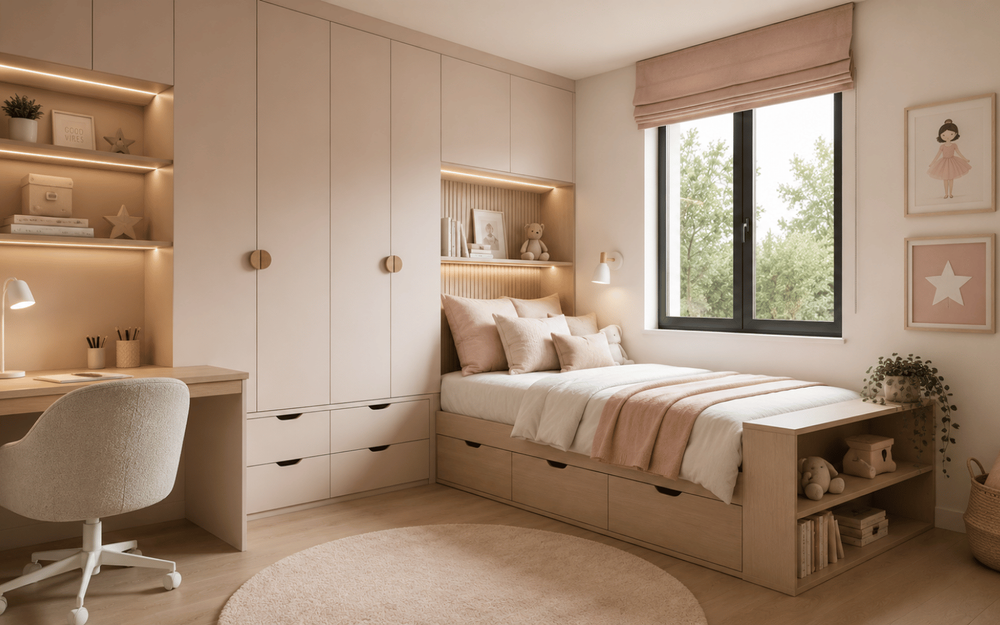 Chambre d'enfant avec mobilier sur mesure optimisant les rangements et l'espace.
