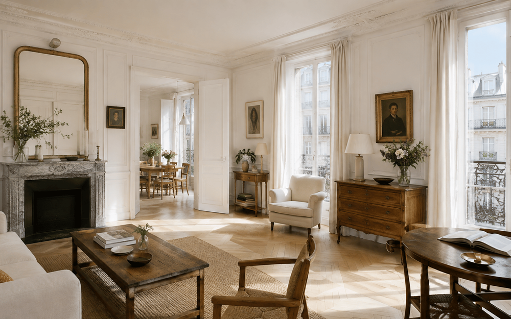 Salon haussmannien aux couleurs claires avec parquet en bois clair et lumi&egrave;re naturelle.