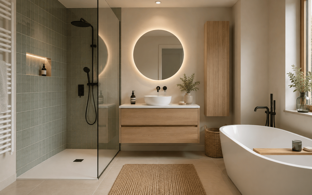 Salle de bains r&eacute;nov&eacute;e avec douche &agrave; l&rsquo;italienne, baignoire &icirc;lot et meuble vasque suspendu