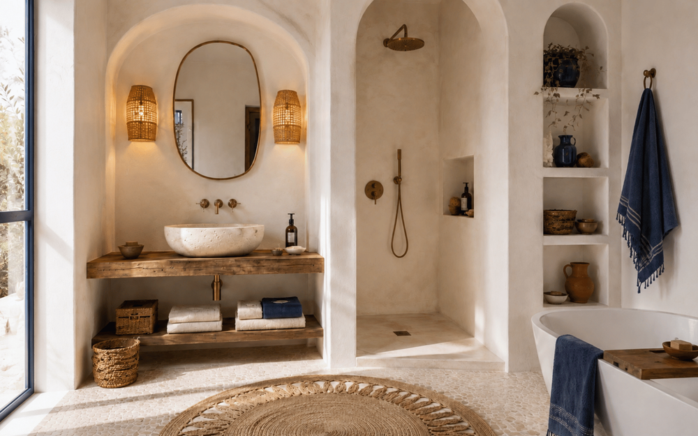 Salle de bains r&eacute;nov&eacute;e avec douche &agrave; l&rsquo;italienne, baignoire et meuble vasque en bois