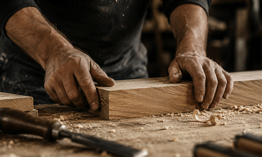 Savoir-faire d&rsquo;un artisan menuisier travaillant une pi&egrave;ce de bois dans son atelier