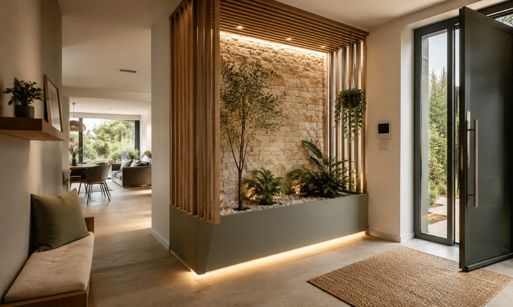 Entr&eacute;e contemporaine spectaculaire associant claustra en bois, mur en pierre et am&eacute;nagement v&eacute;g&eacute;tal int&eacute;gr&eacute;.