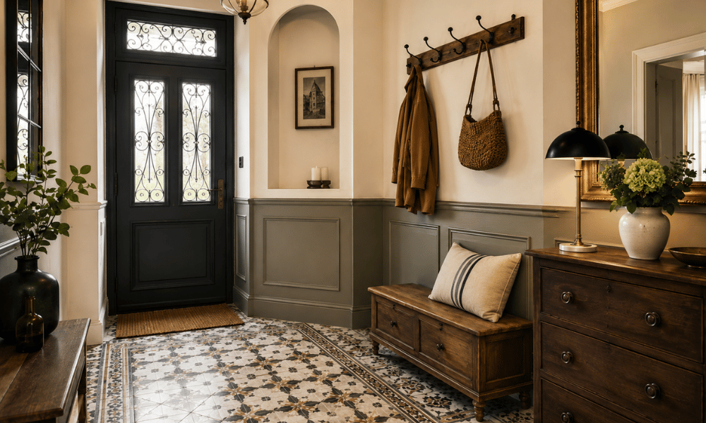 Entr&eacute;e contemporaine avec rangements int&eacute;gr&eacute;s noirs, banquette en bois et console suspendue.