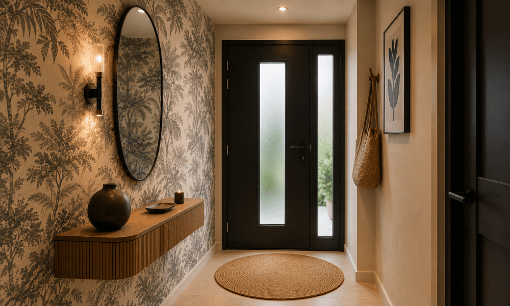 Petite entr&eacute;e am&eacute;nag&eacute;e avec papier peint panoramique, console suspendue en bois et grand miroir noir.