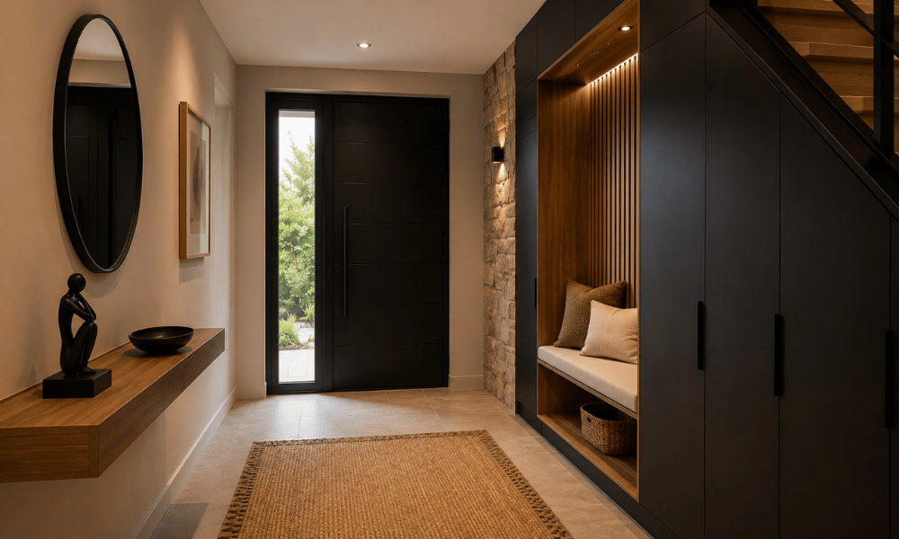 Entr&eacute;e contemporaine avec rangements int&eacute;gr&eacute;s noirs, banquette en bois et console suspendue.