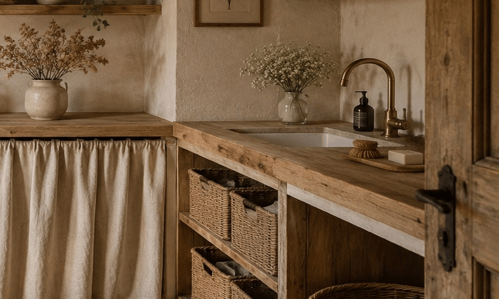 Rangements de buanderie dissimul&eacute;s par un rideau sous un plan de travail en bois
