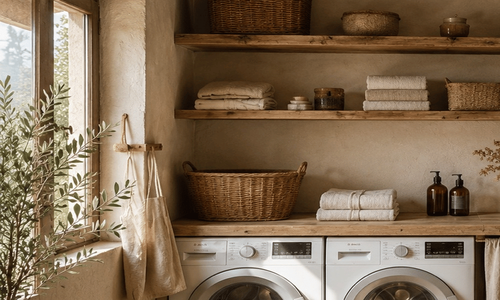 Buanderie lumineuse avec fen&ecirc;tre, &eacute;tag&egrave;res en bois et rangements naturels