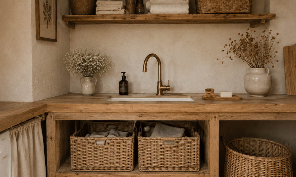 &Eacute;vier de buanderie int&eacute;gr&eacute; dans un grand plan de travail en bois avec rangements en paniers