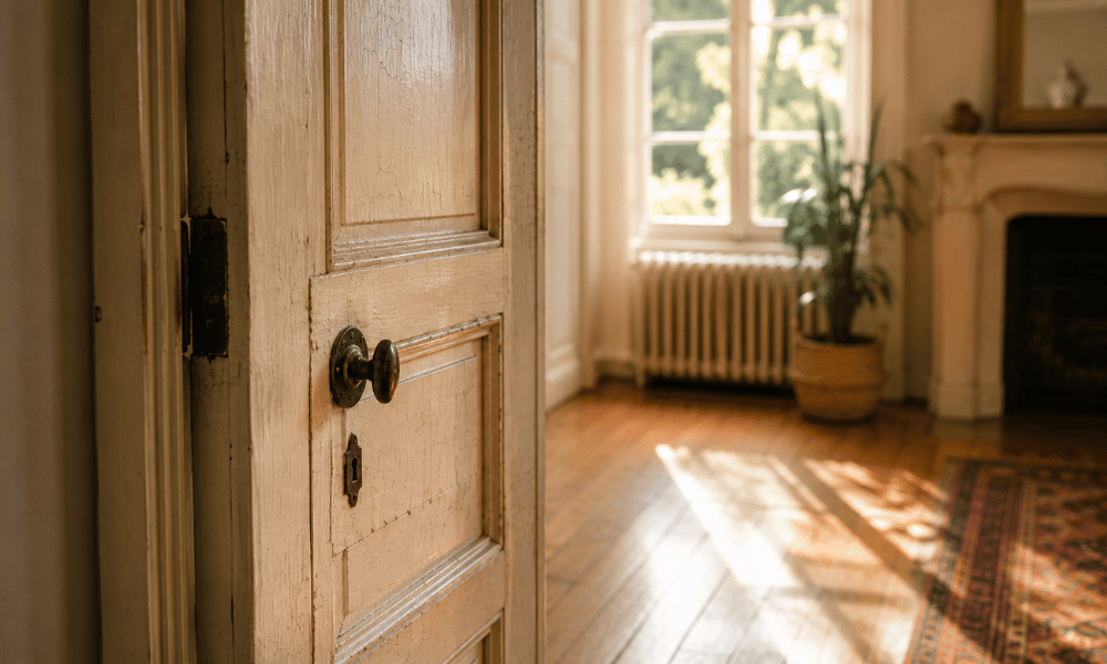 Porte ancienne patin&eacute;e ouvrant sur une pi&egrave;ce lumineuse dans une maison de caract&egrave;re