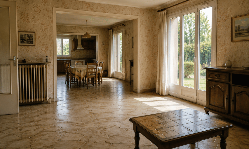 Pi&egrave;ce de maison ancienne &agrave; la d&eacute;coration dat&eacute;e avec de grandes ouvertures et une belle lumi&egrave;re naturelle