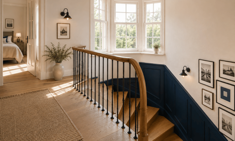 Palier lumineux avec escalier en bois et garde-corps en m&eacute;tal noir