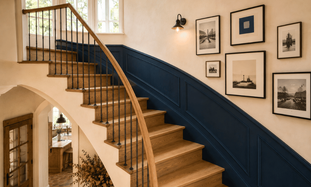 Mur d&rsquo;escalier d&eacute;cor&eacute; de cadres avec soubassement bleu et marches en bois