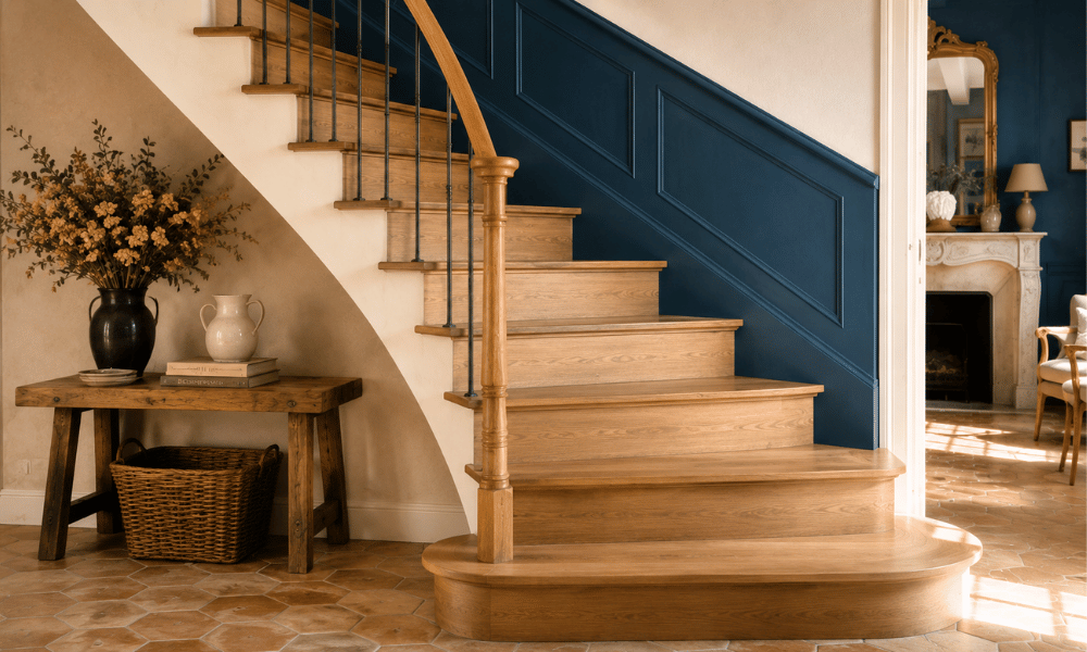 Escalier en bois avec soubassement bleu profond et rampe en m&eacute;tal