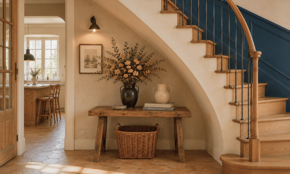 Am&eacute;nagement d&eacute;coratif sous un escalier avec console en bois