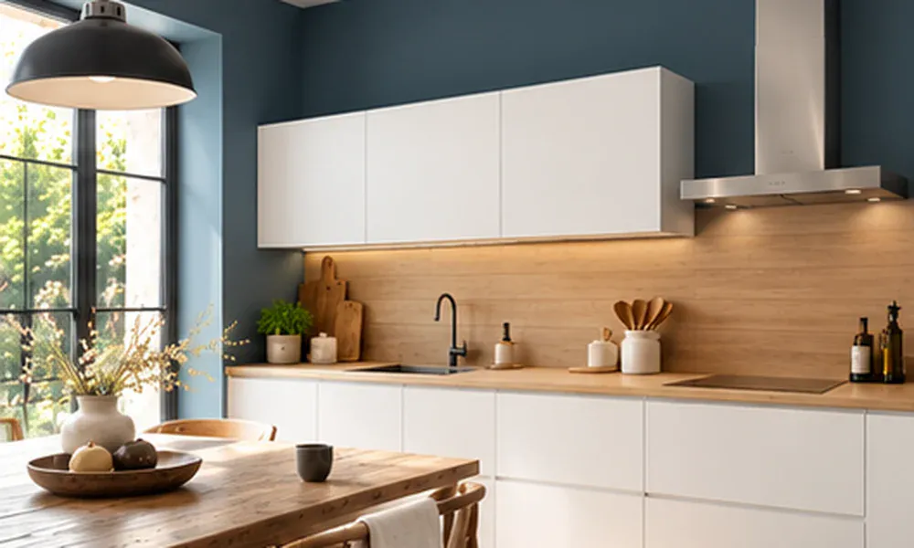 Cuisine blanche avec murs bleu profond, façades sans poignées et plan de travail en bois clair.