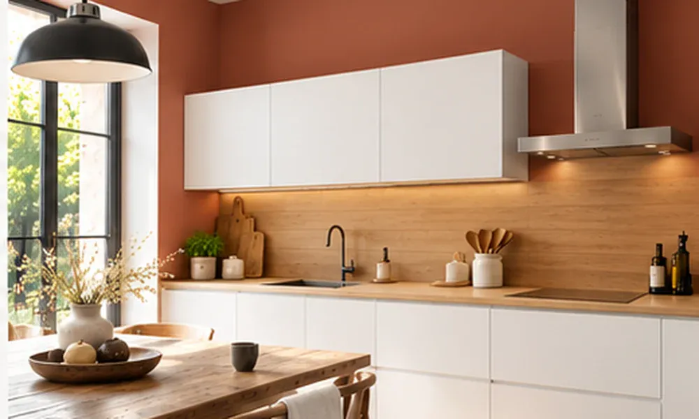 Cuisine contemporaine blanche avec murs terracotta, crédence en bois clair et parquet naturel.