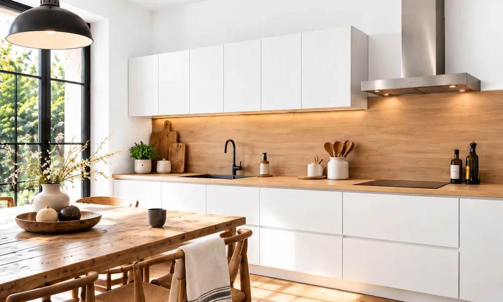 Cuisine contemporaine blanche avec murs blanc coton, plan de travail et crédence en bois clair.