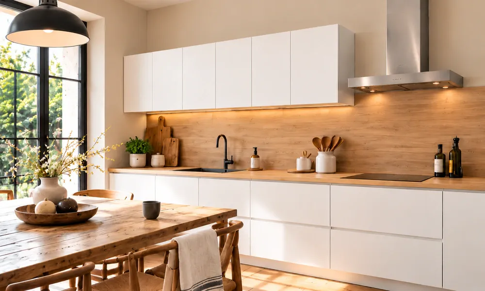Cuisine blanche aux murs beige naturel, avec plan de travail en bois clair et mobilier sans poignées.