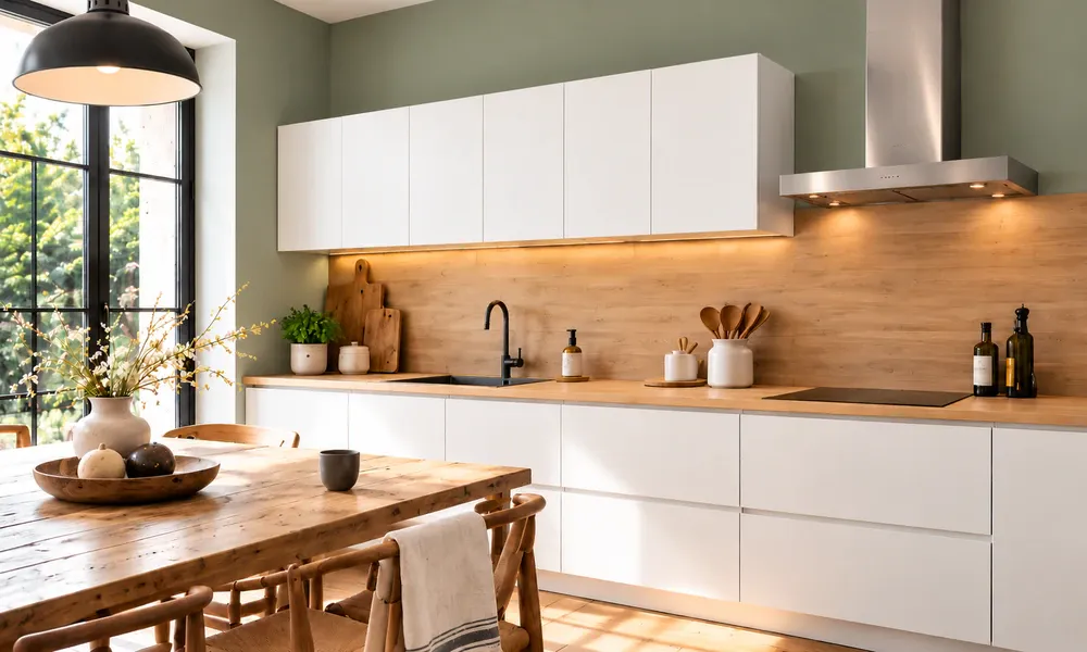 Cuisine contemporaine blanche avec murs vert sauge, plan de travail et crédence en bois clair.