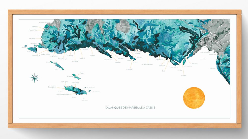 Carte des calanques de Marseille &agrave; Cassis &agrave; l'aquarelle