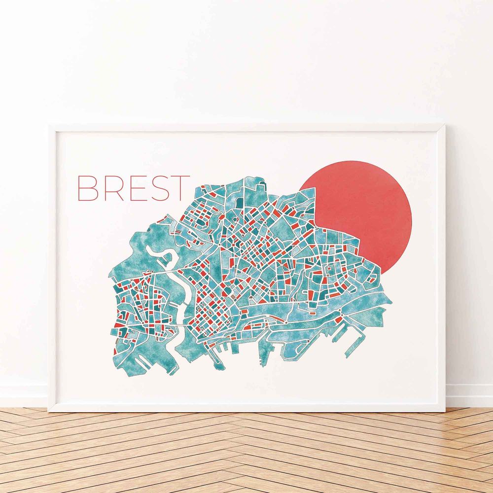 Affiche de Brest encadr&eacute;e et pos&eacute;e au sol sur un joli parquet