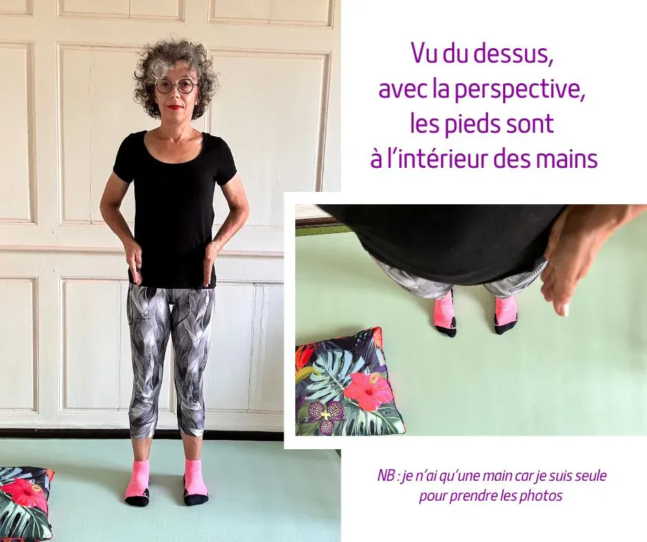 Posture avec talons sous les hanches vue de face et du dessus. La consigne pourrait &ecirc;tre pieds &agrave; l'int&eacute;rieur des mains.