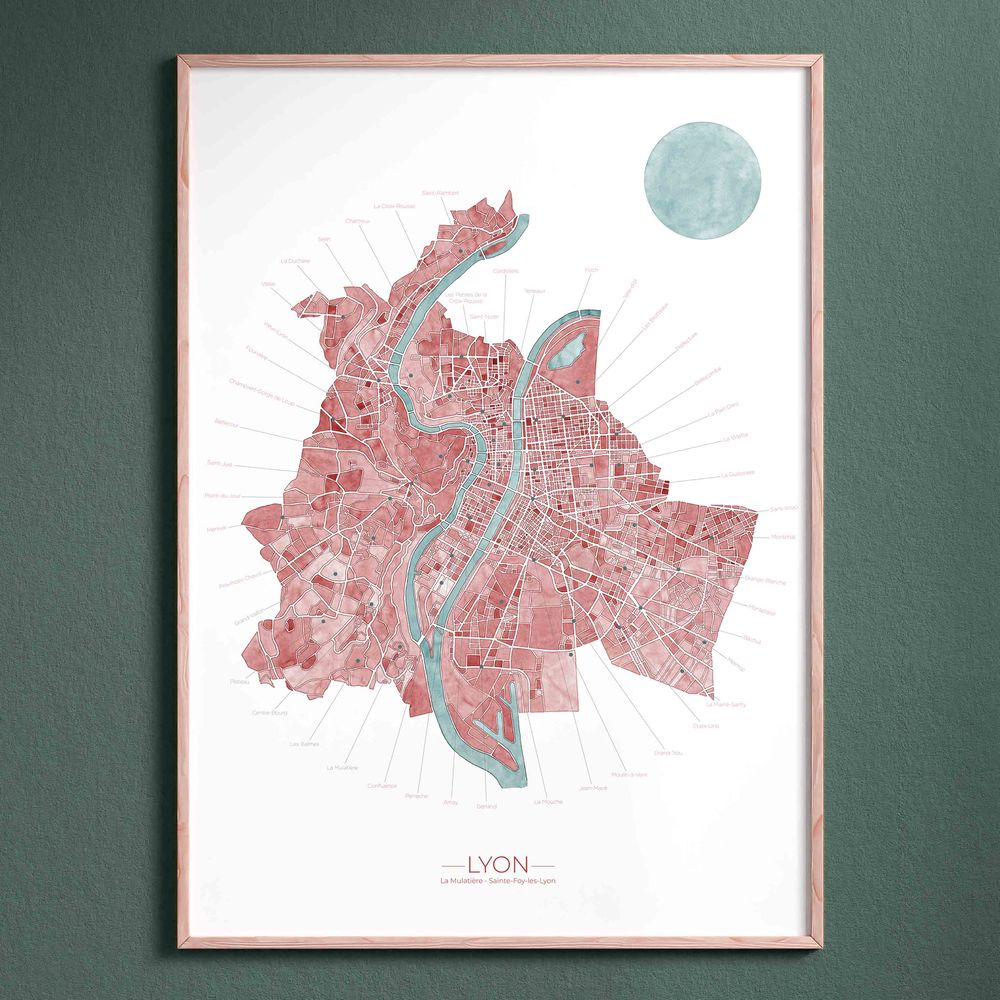 Plan de Lyon &agrave; l&rsquo;aquarelle &ndash; tirage d&rsquo;art &eacute;dition limit&eacute;e encadr&eacute; sur mur vert