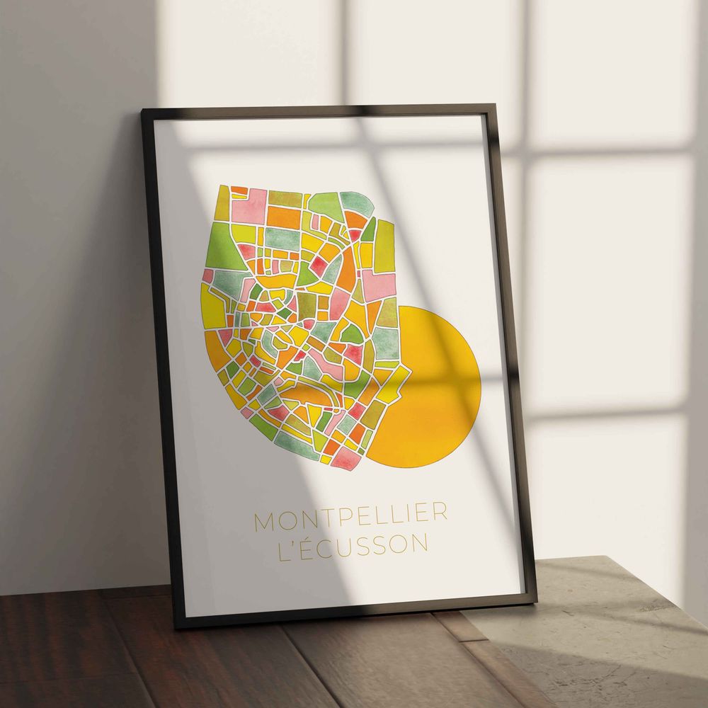 Affiche Montpellier l'&Eacute;cusson pos&eacute;e au sol &eacute;clair&eacute;e par la lumi&egrave;re de la fen&ecirc;tre