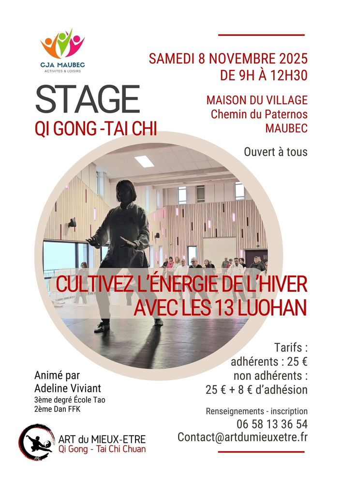 affiche du stage Qi Gong & Tai Chi à Maubec : Cultiver l’énergie de l’hiver avec les 13 Luohan - le 08/11/2025