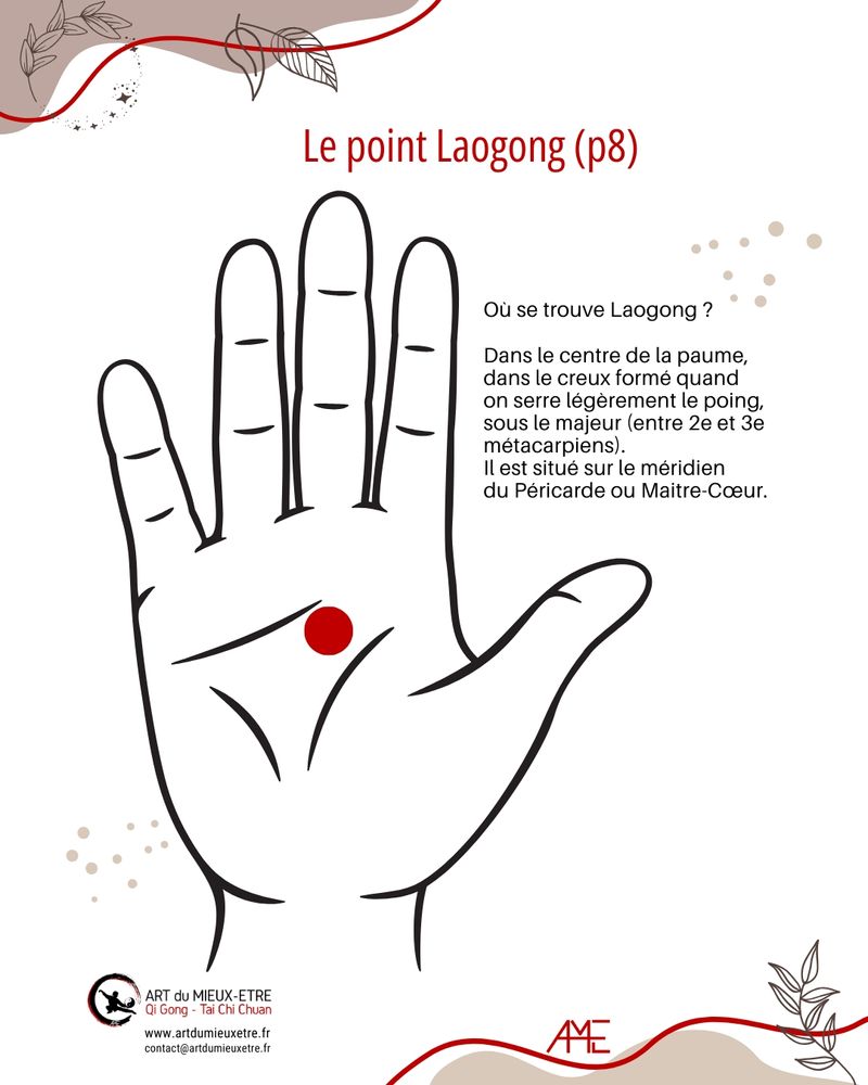 Point Laogong, 8 péricarde ou maitre-coure au centre de la main