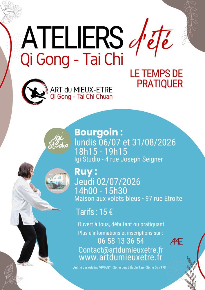 affiche des ateliers d'été qi gong et tai chi 2026 à ruy et bourgoin en Isère avec AME