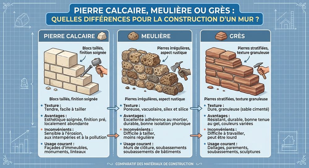Pierre calcaire, meuli&egrave;re ou gr&egrave;s pour un mur 