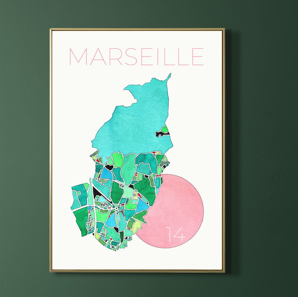 Affiche Marseille 14e arrondissement aux couleurs d&eacute;licates &agrave; l'aquarelle