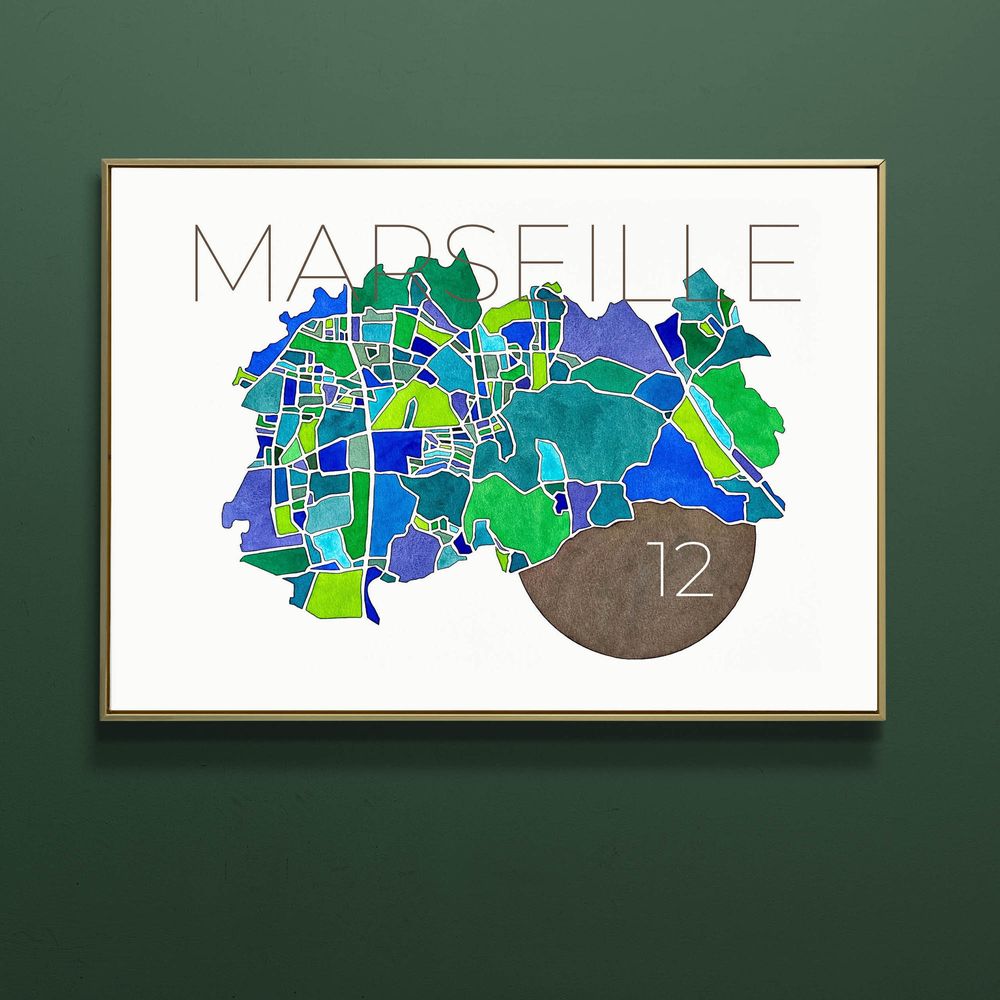 Affiche du 12e arrondissement de Marseille, illustration &agrave; l'aquarelle