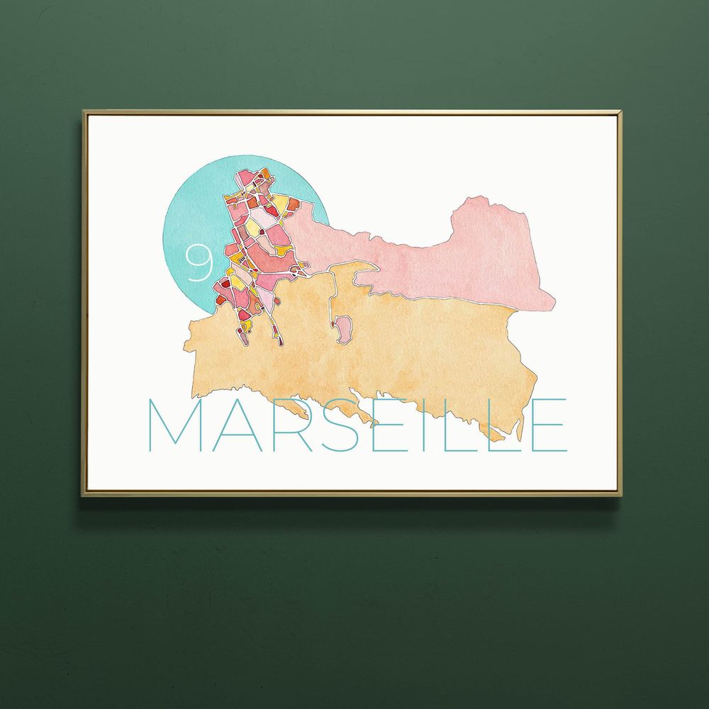 Affiche plan de Marseille 9e arrondissement, peinte &agrave; l'aquarelle