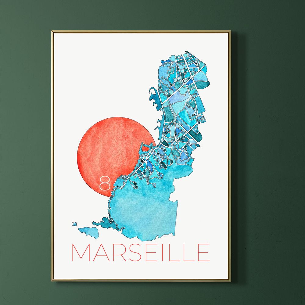 Affiche du plan de Marseille 8e arrondissement &agrave; l'aquarelle