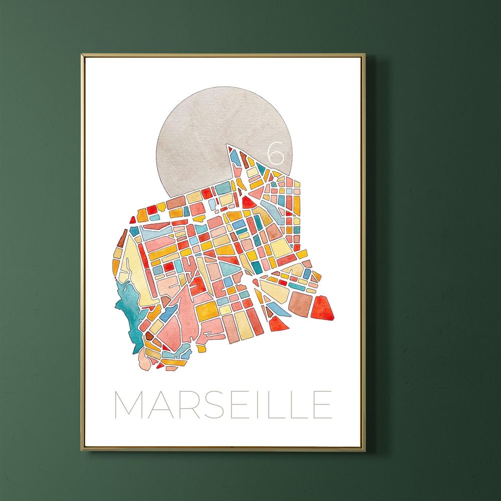 Affiche &agrave; l'aquarelle du 6e arrondissement de Marseille