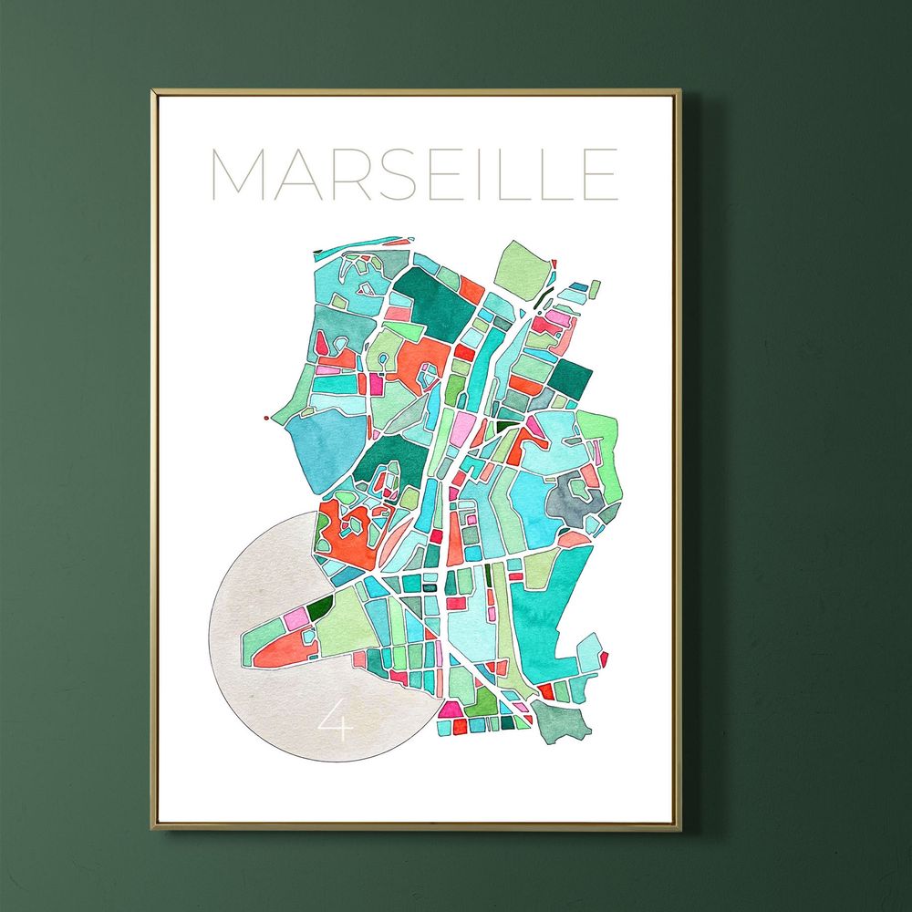 Affiche du plan de Marseille 4e arrondissement, peinte &agrave; l'aquarelle