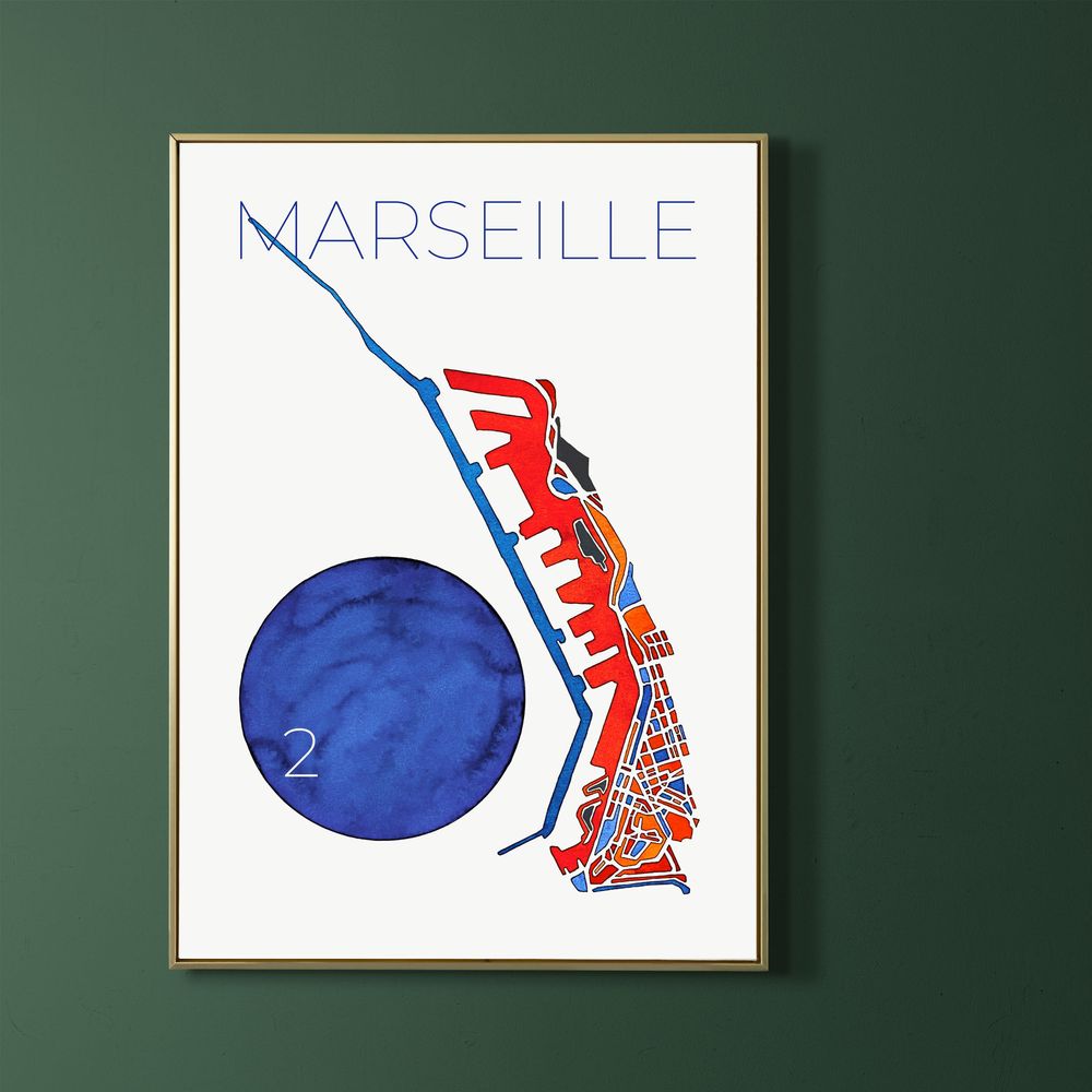 Affiche du plan de Marseille 2e arrondissement peinte &agrave; l'aquarelle