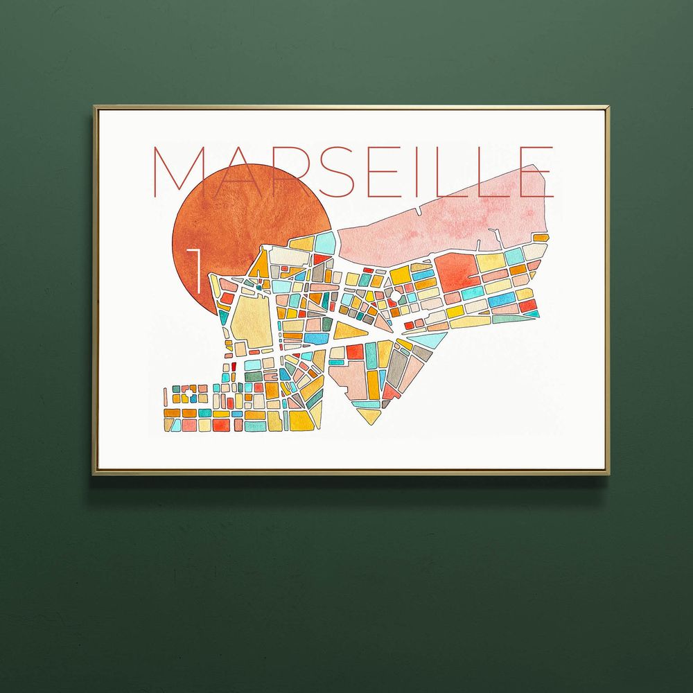 Affiche murale Marseille 1er arrondissement peinte &agrave; l&rsquo;aquarelle