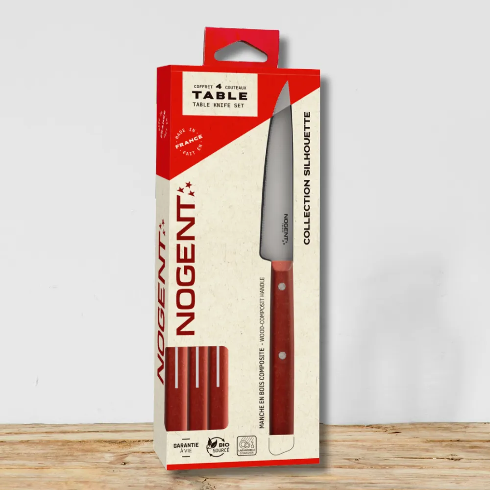 Nogent, coffret 4 couteaux de table, collection silhouette, rouge vin