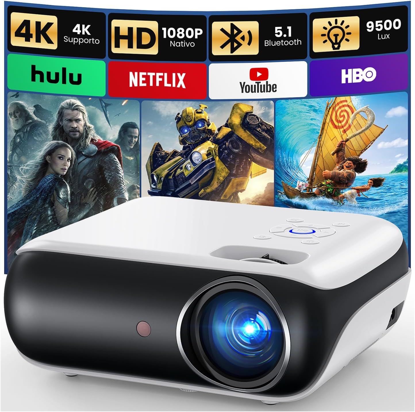 Mini Vidéoprojecteur 4K - Portable 1080P Natif Bluetooth 5.1 - Haut-Parleur Intégré Compatible Smartphone/HDMI/TV Stick/USB/PS5 pour Maison, Chambre