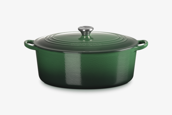 Cocotte ovale 31 cm en fonte émaillée, Juniper vert, bouton inox, Le Creuset,